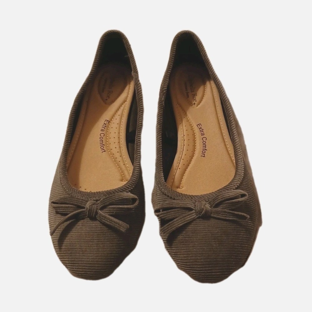 Ophelia Roe Womens Ballet Flats Size 10 Olive Green Corduroy Memory Foam Bow Toe